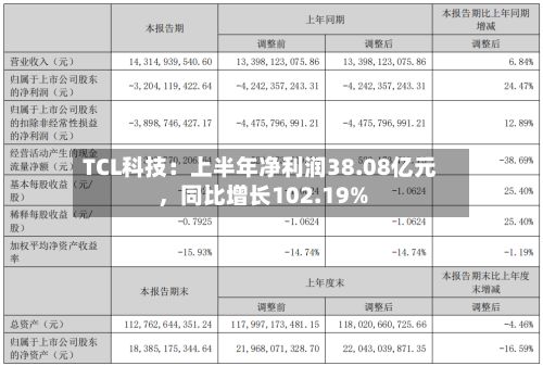 TCL科技:上半年净利润38.08亿元,同比增长102.19%